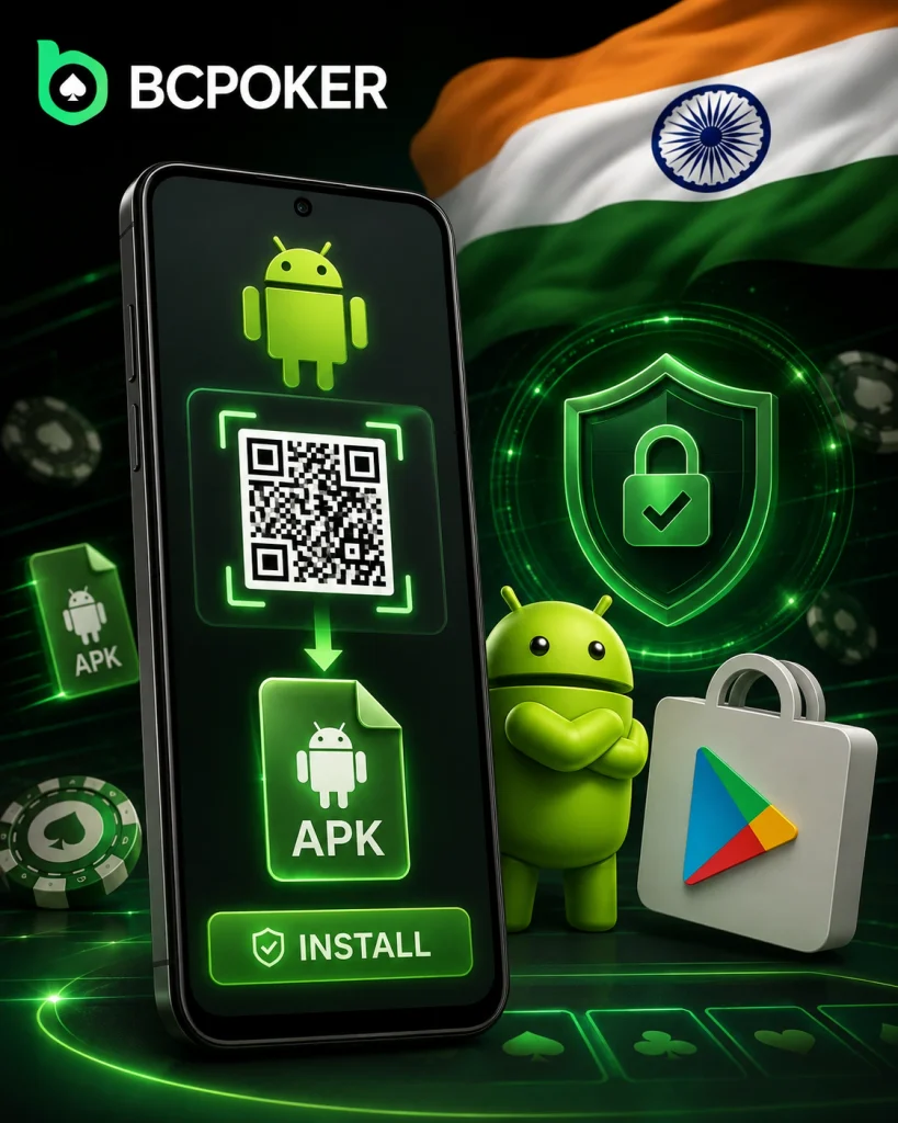 BCpoker android apk installation with qr code and google play icon