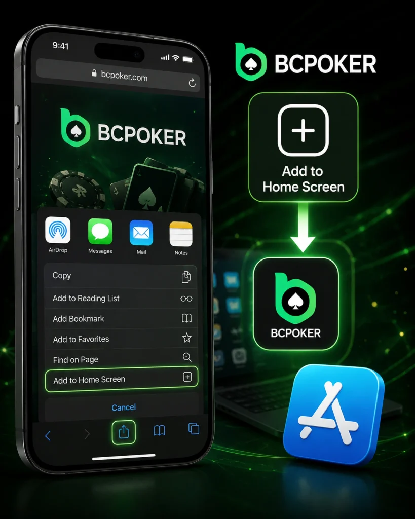 BCpoker iphone safari add to home screen installation with app store icon
