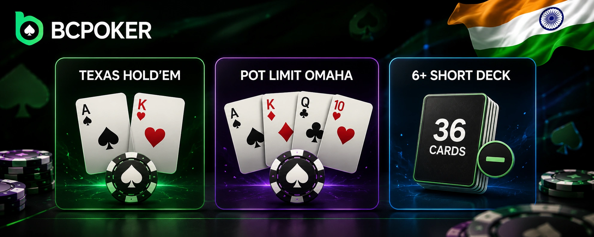 BCpoker poker format comparison showing two card holdem four card omaha and 36 card short deck