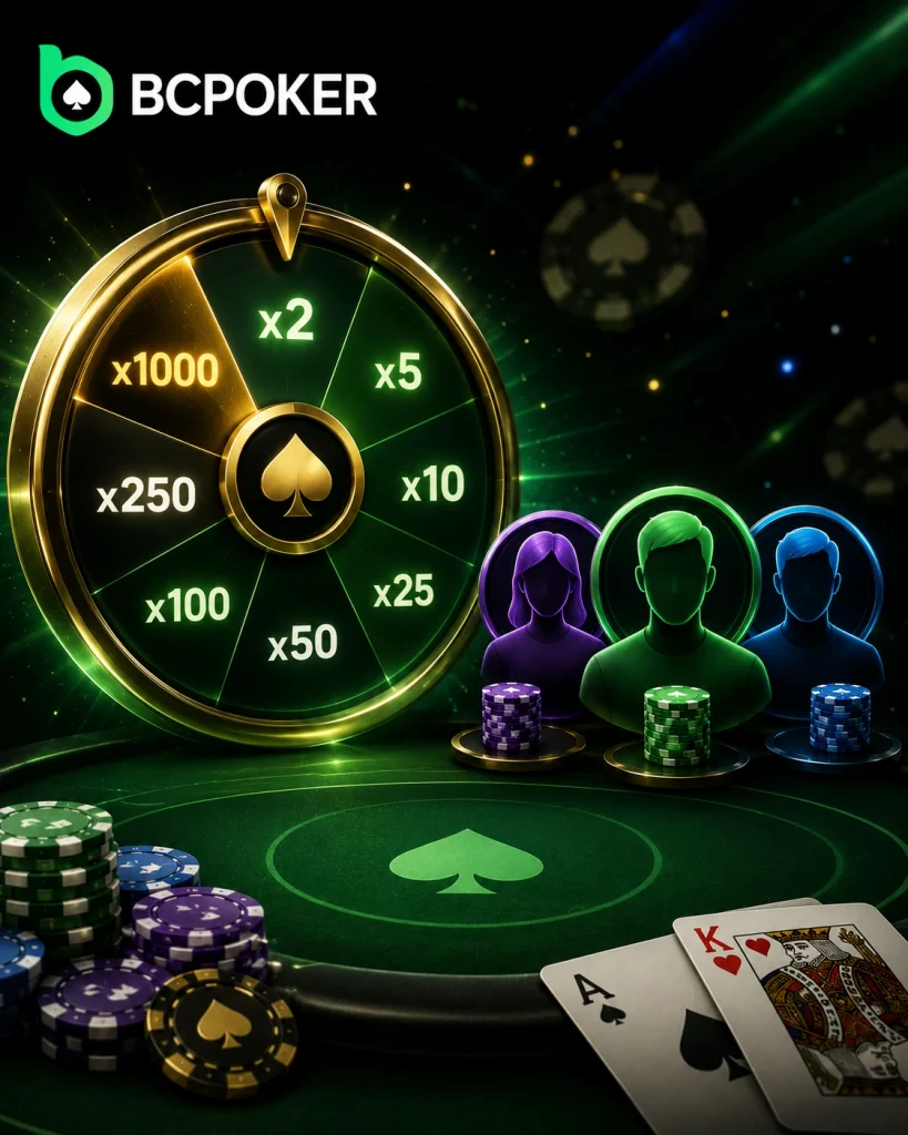 BCpoker spin and go random multiplier with three poker players and chips
